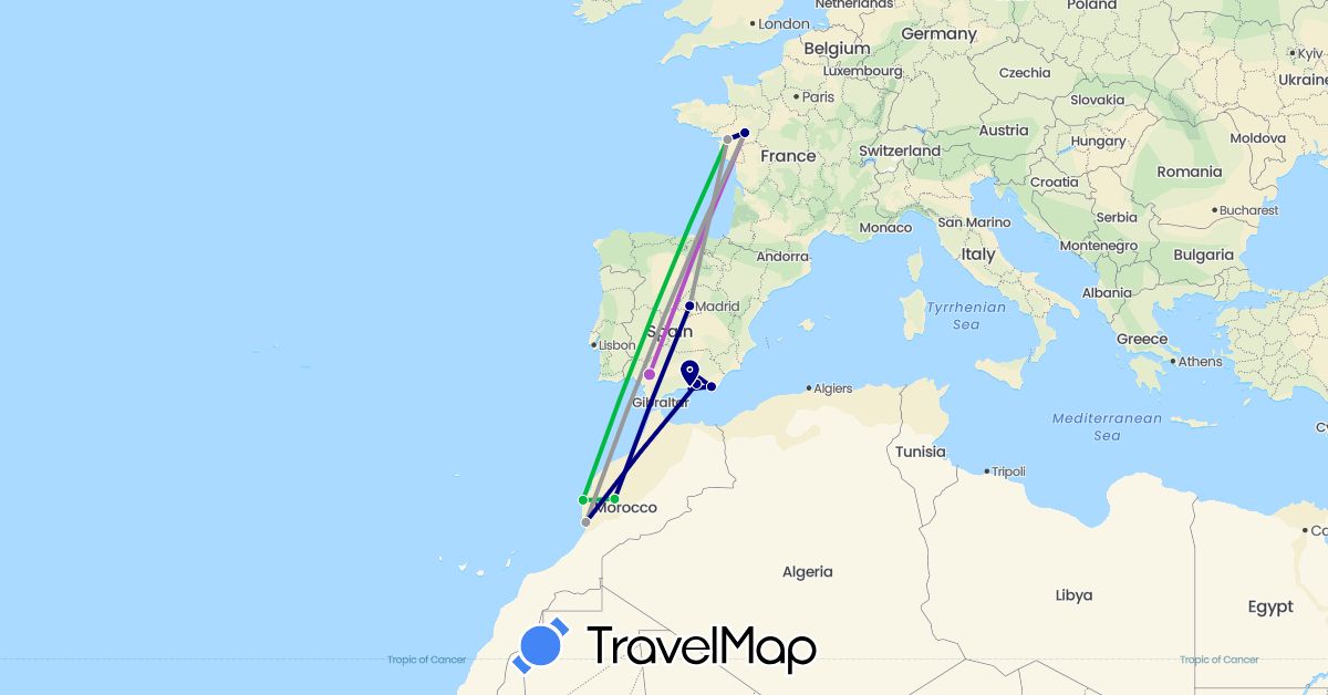 TravelMap itinerary: driving, bus, plane, train in Spain, France, Morocco (Africa, Europe)